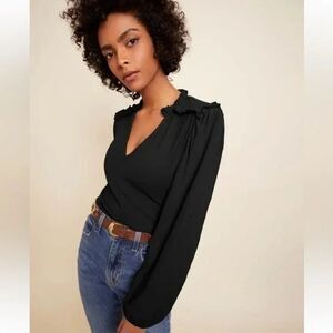 Nation LTD | Dolly Long Sleeve Pima Cotton Smocked Puff Sleeve Top Size S Black